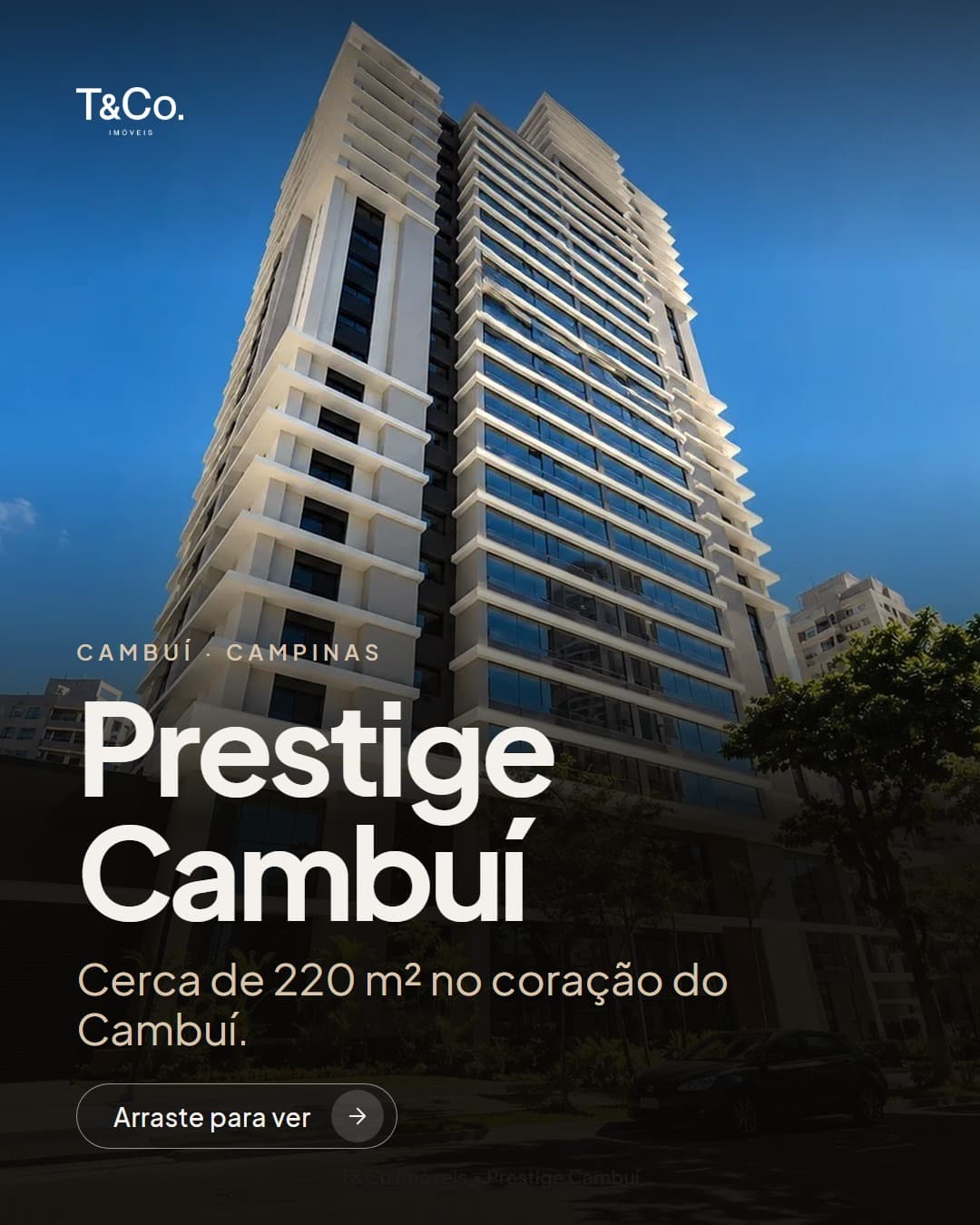 Prestige Cambuí: apartamentos de cerca de 220 m² no coração do Cambuí, em Campinas. 🏙️
🏢 Torre de alto padrão do Grup