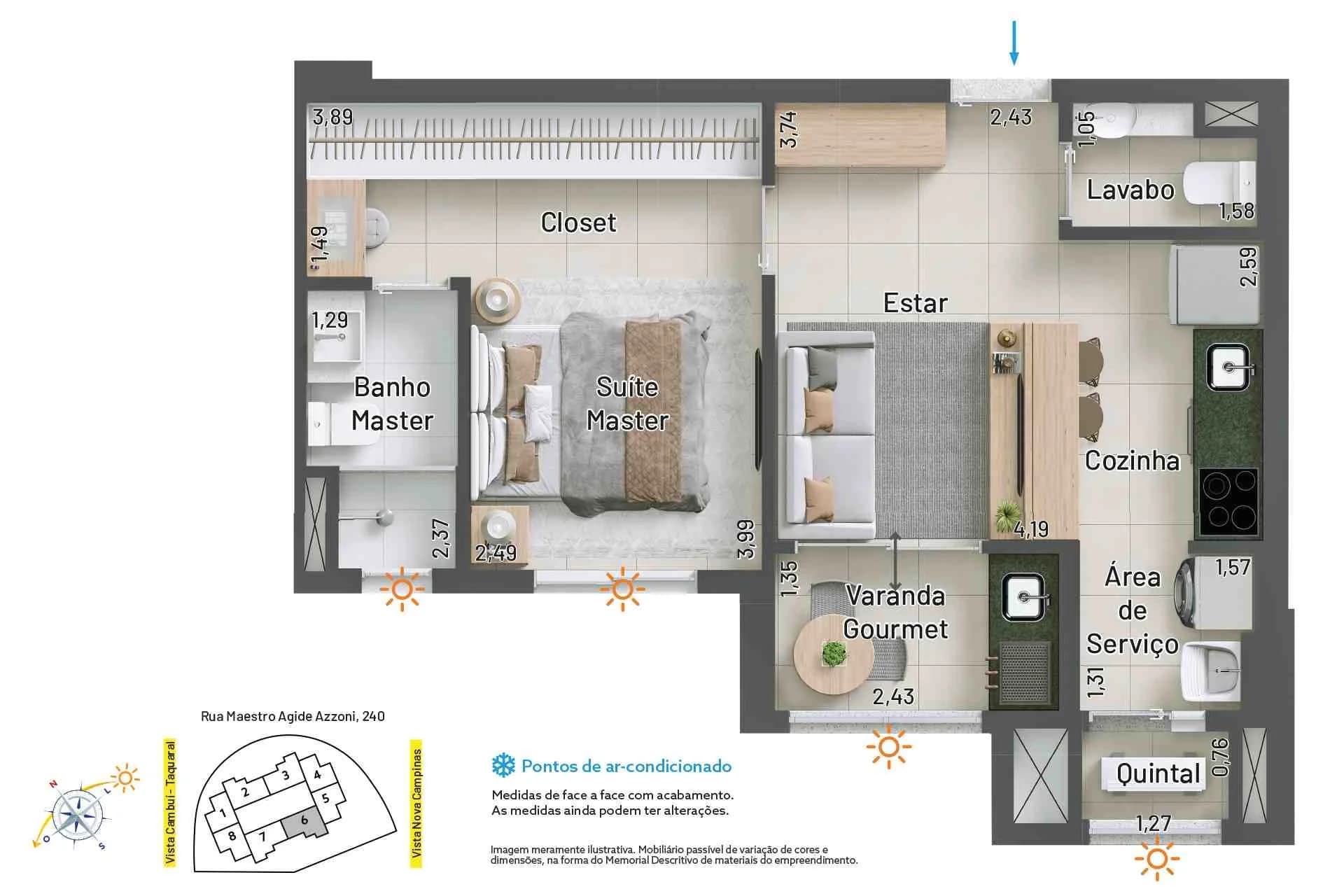 Platina Norte Sul Patriani em Chácara da Barra, Campinas: Planta de 47 m², 1 suíte, lavabo e varanda gourmet