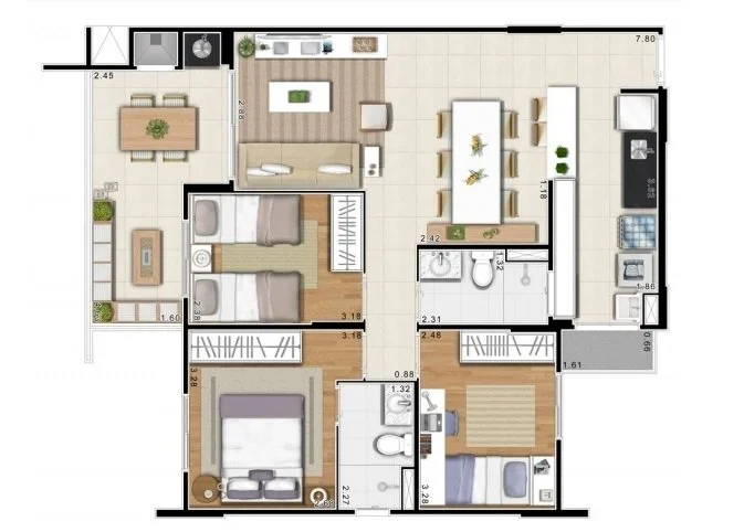 Bello Cambuí em Cambuí, Campinas: Planta de 83,6 m² com 3 dormitórios
