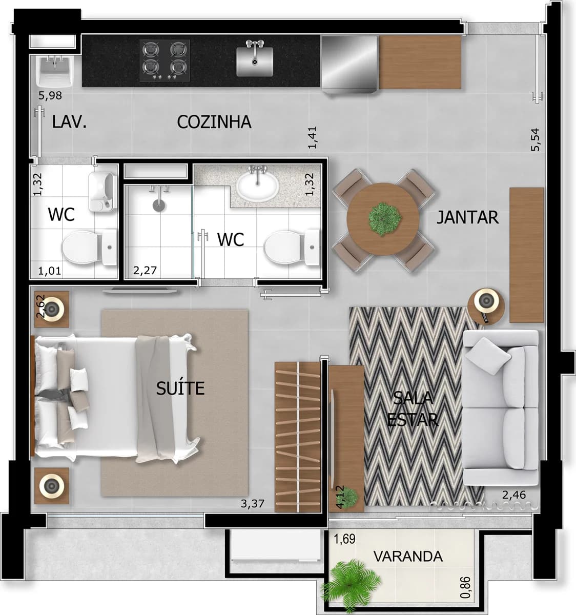 Residencial Rubem Alves em Jardim Guanabara, Campinas: Planta do apartamento de 39 m² do Residencial Rubem Alves