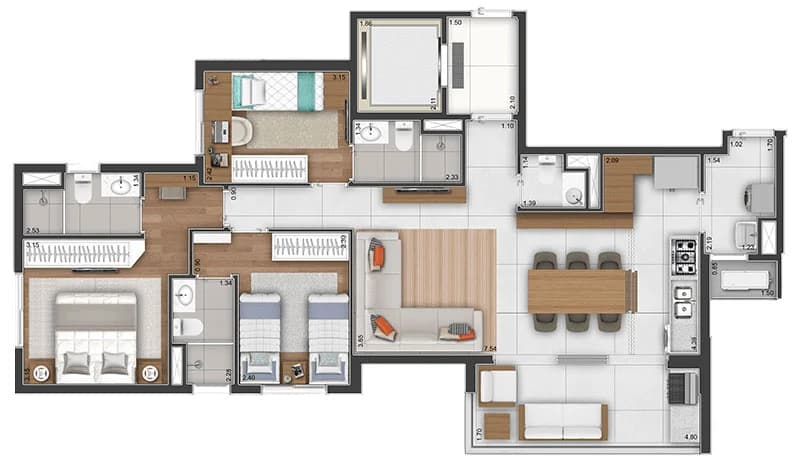 Ampliare Taquaral em Taquaral, Campinas: Planta tipo de 98 m² com 3 suítes, opção 1
