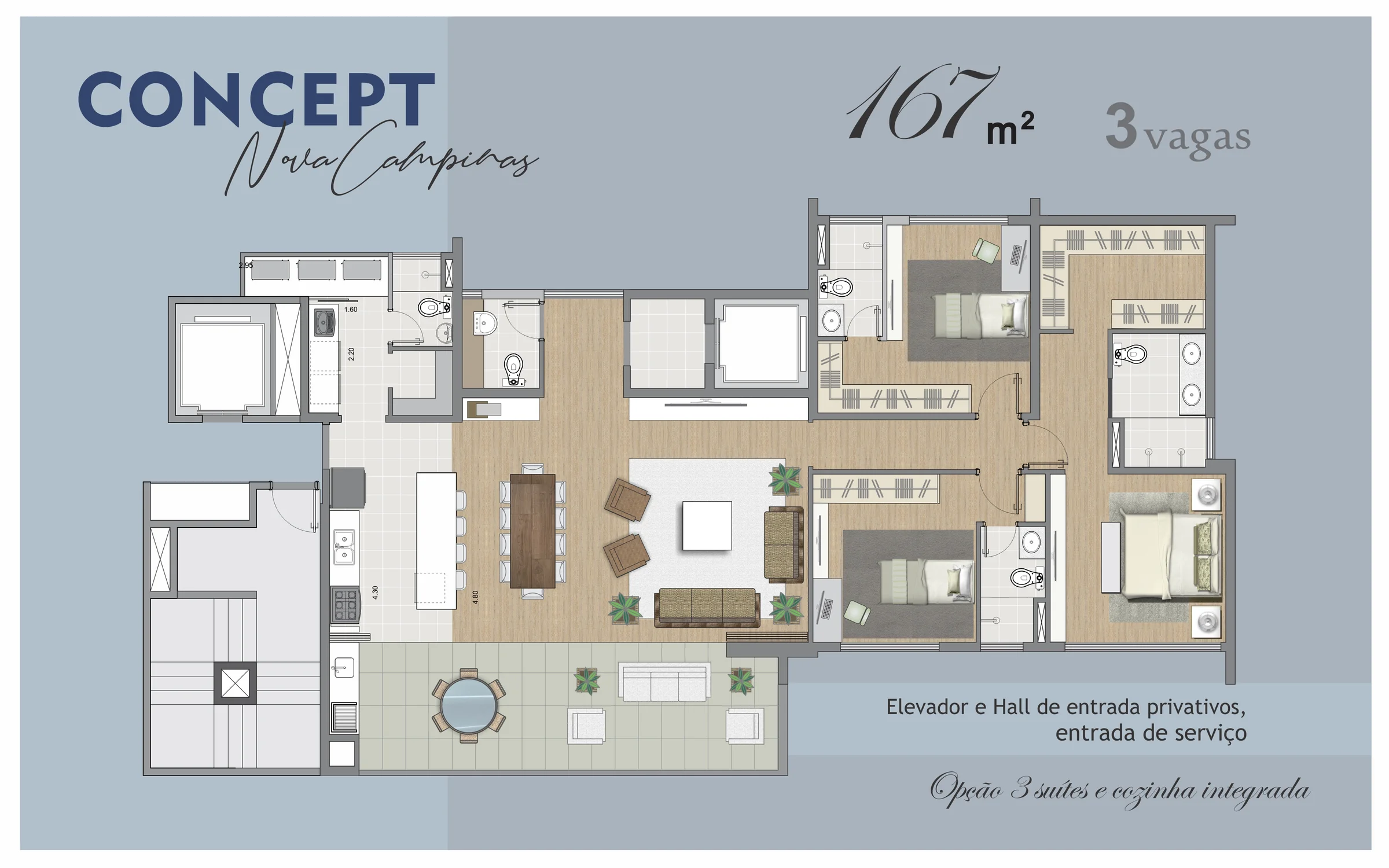 Concept Nova Campinas em Nova Campinas, Campinas: Planta de 167 m² do Concept Nova Campinas, opção com 3 suítes e cozinha integrada, 3 vagas