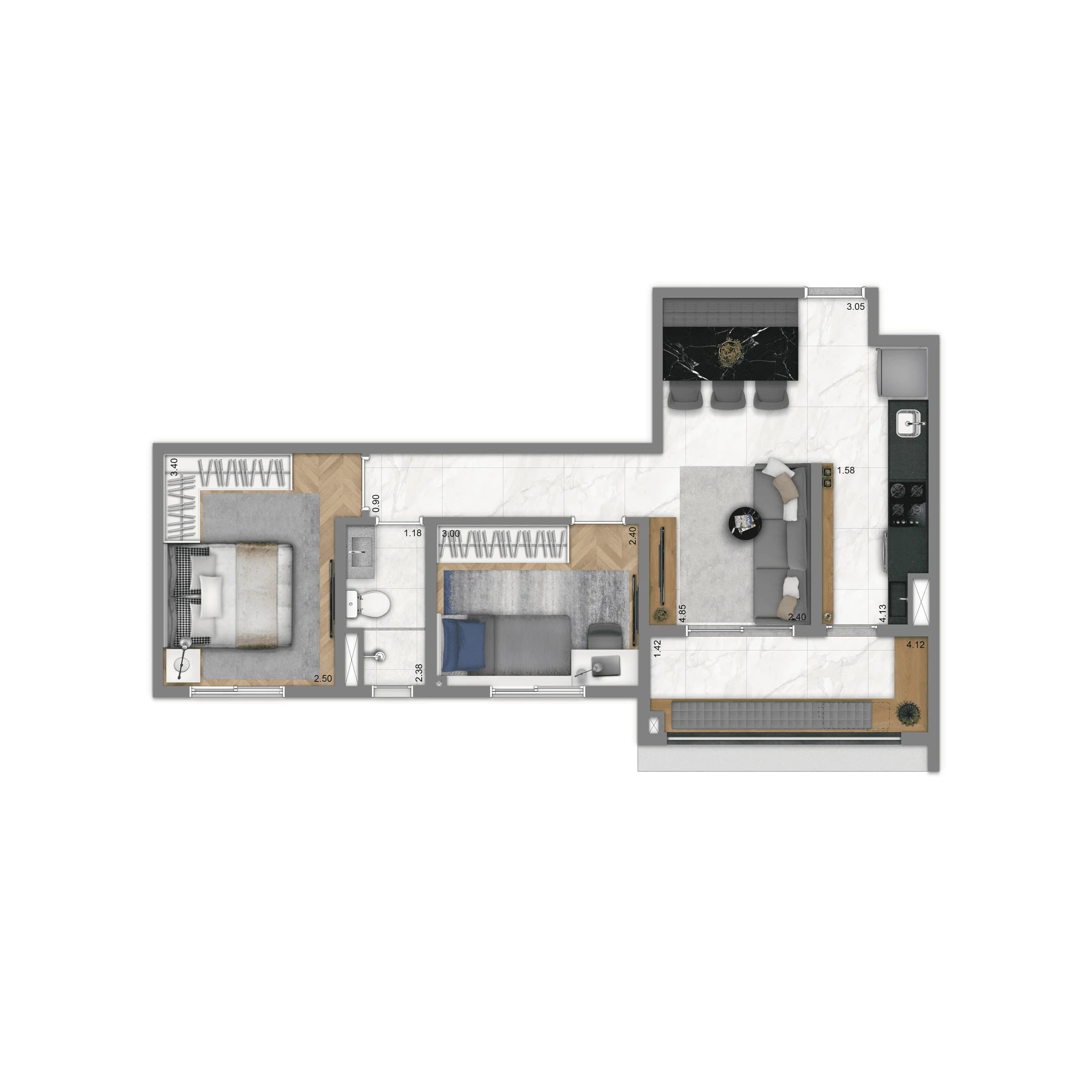 Living Blend em Bonfim, Campinas: Planta de 55 m², 2 dormitórios