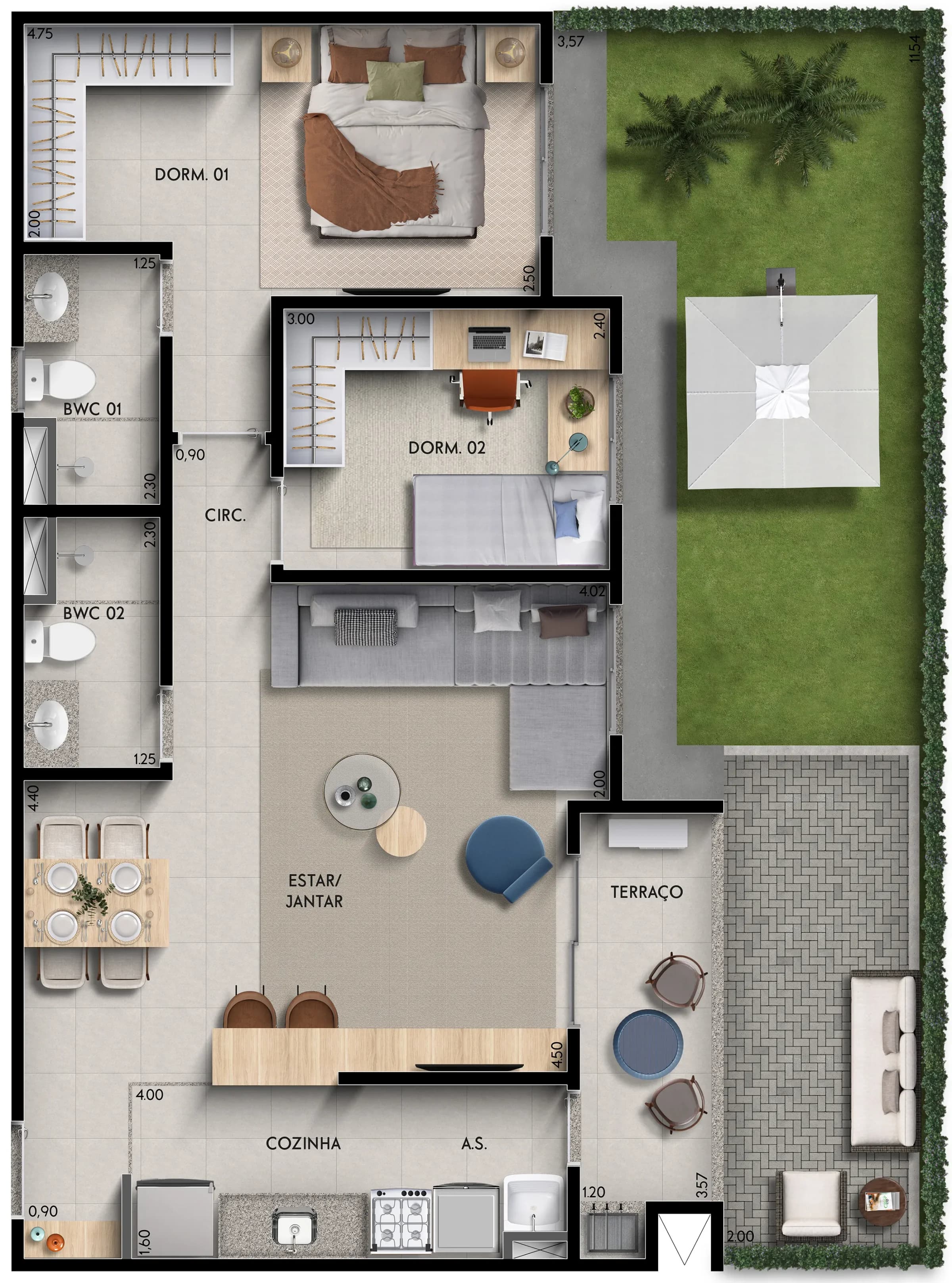 Graciosa Mansões em Mansões Santo Antônio, Campinas: Planta Ponta Garden, 2 dormitórios, com terraço e jardim do Graciosa Mansões