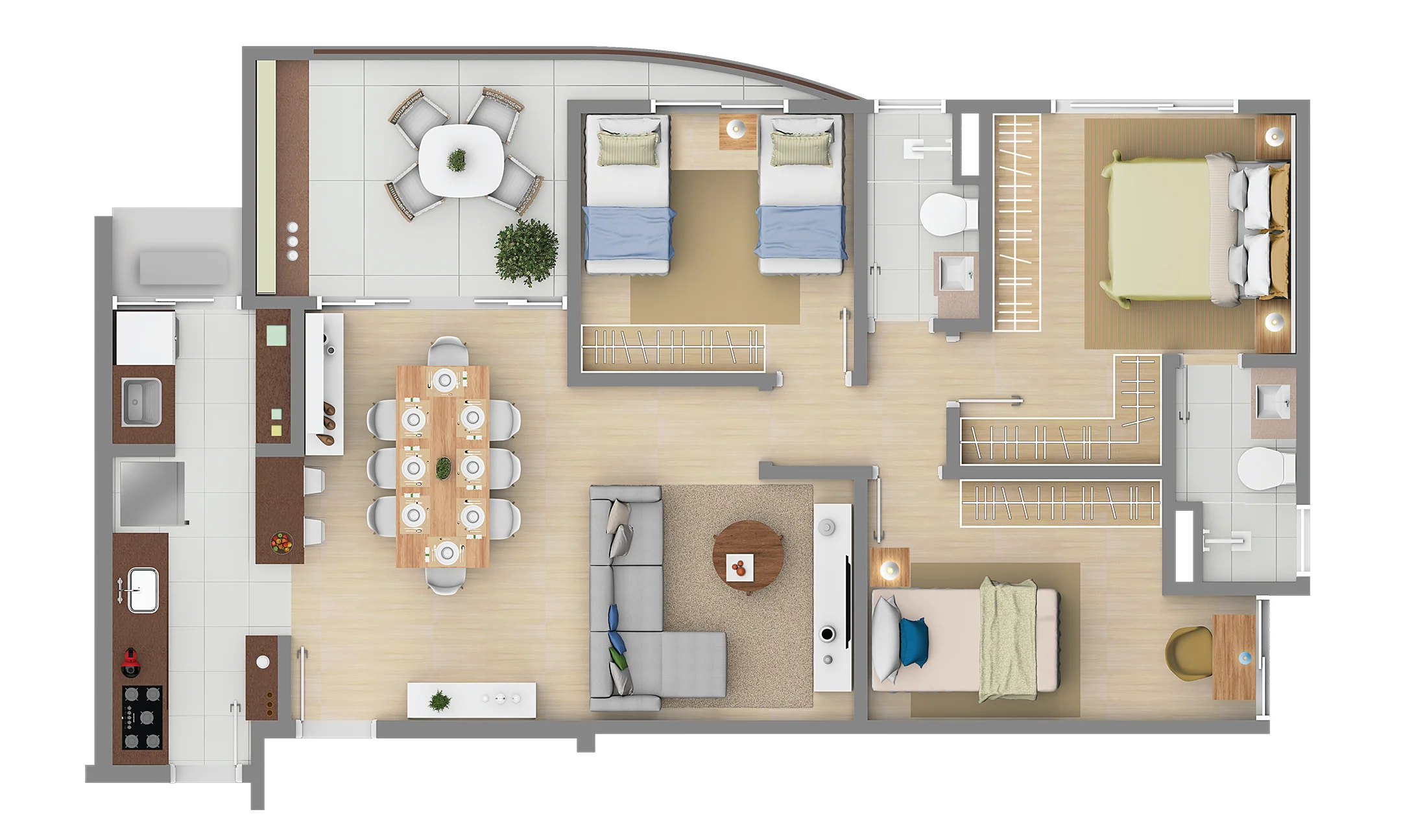 Lux Residence em Vila Clayton, Valinhos: Planta de 97 m², 3 quartos com 1 suíte e 2 vagas