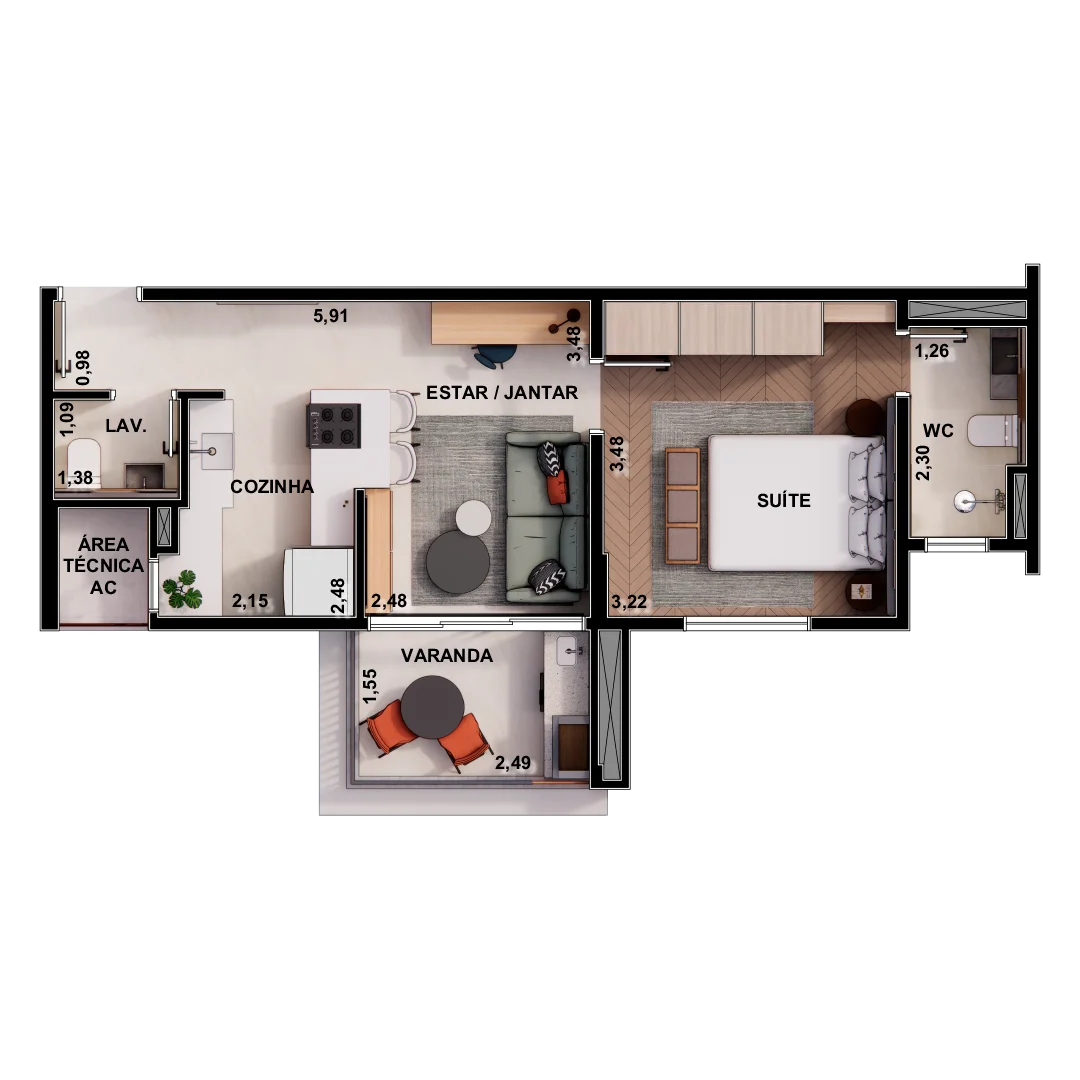 Wert Design Taquaral em Taquaral, Campinas: Planta do apartamento de meio do Wert Design Taquaral