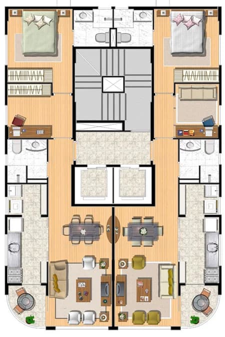 Terraço Carissas em Cambuí, Campinas: Planta do andar tipo do Terraço Carissas, 2 apartamentos por andar