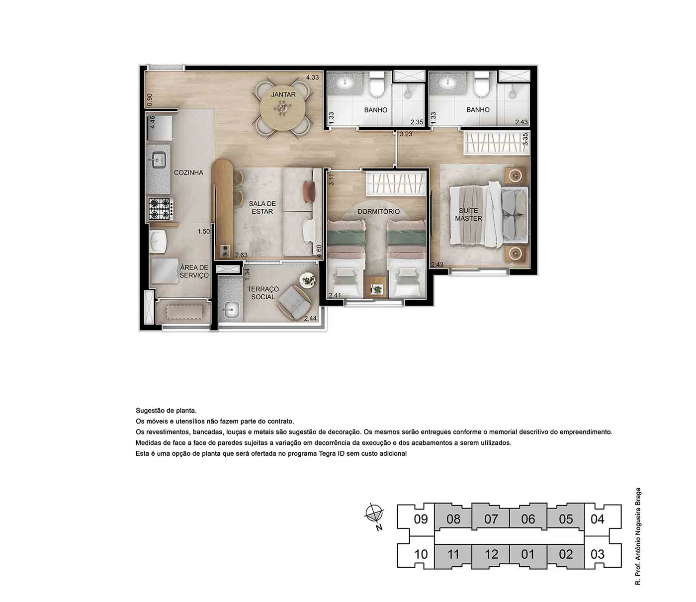 Lazur Mansões Santo Antônio em Mansões Santo Antônio, Campinas: Planta tipo de 57 m², 2 dormitórios (1 suíte)