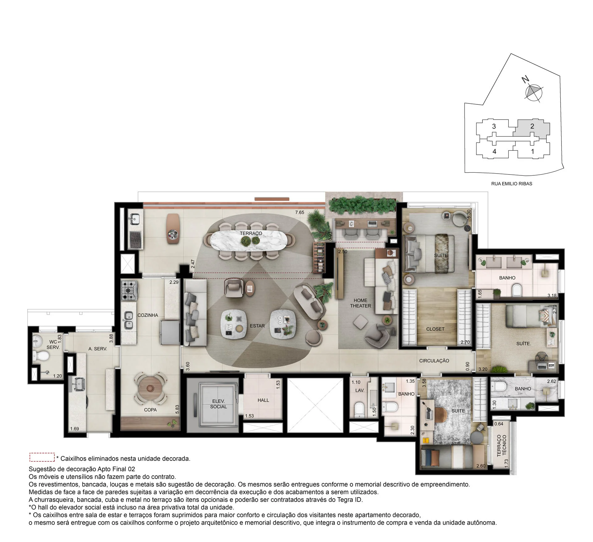 Alenza Cambuí em Cambuí, Campinas: Planta do decorado, 157 m², 3 suítes, sala ampliada com home theater e cozinha ampliada com copa, 3 vagas