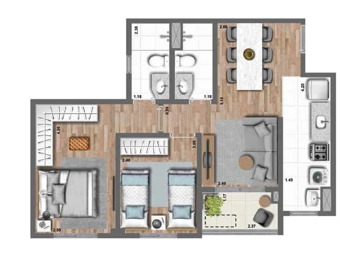 Living Vision em Bonfim, Campinas: Planta de 54 m², 2 dormitórios (1 suíte)