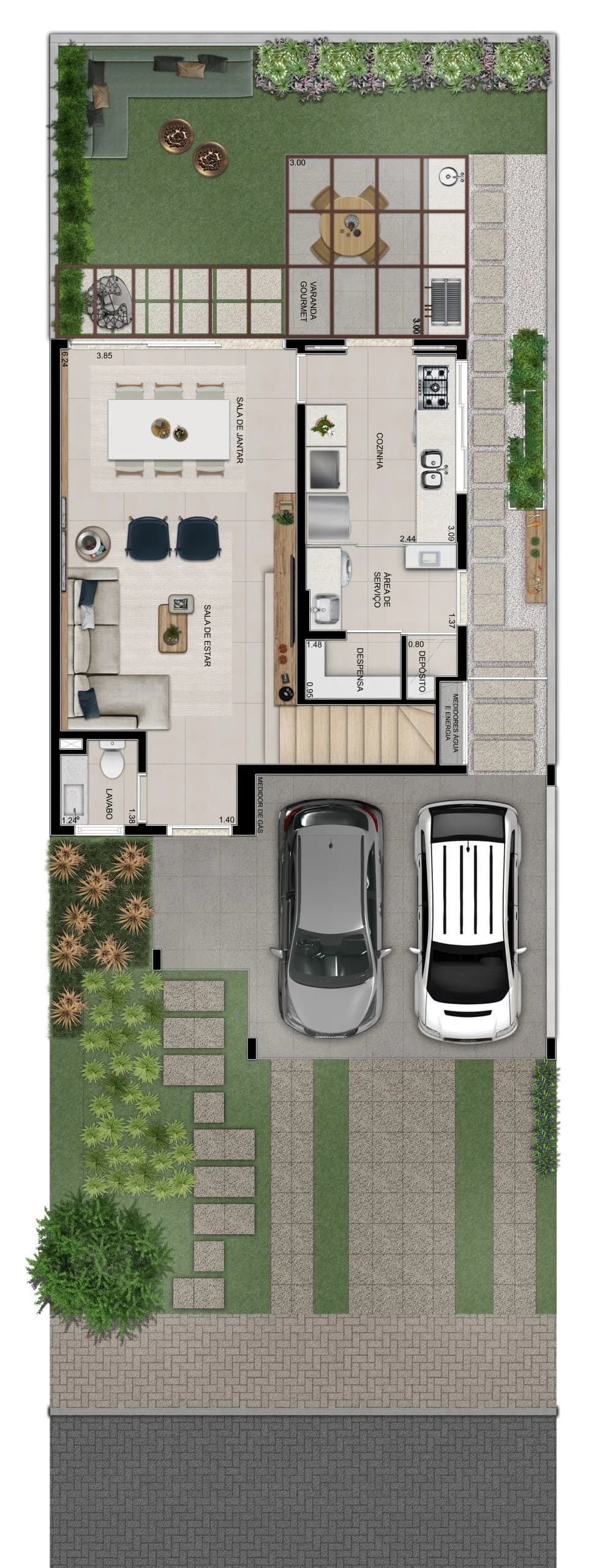 Natus Home em Residencial Estância Eudóxia, Campinas: Planta do térreo das casas do Natus Home, 138 m² (opção cozinha fechada)