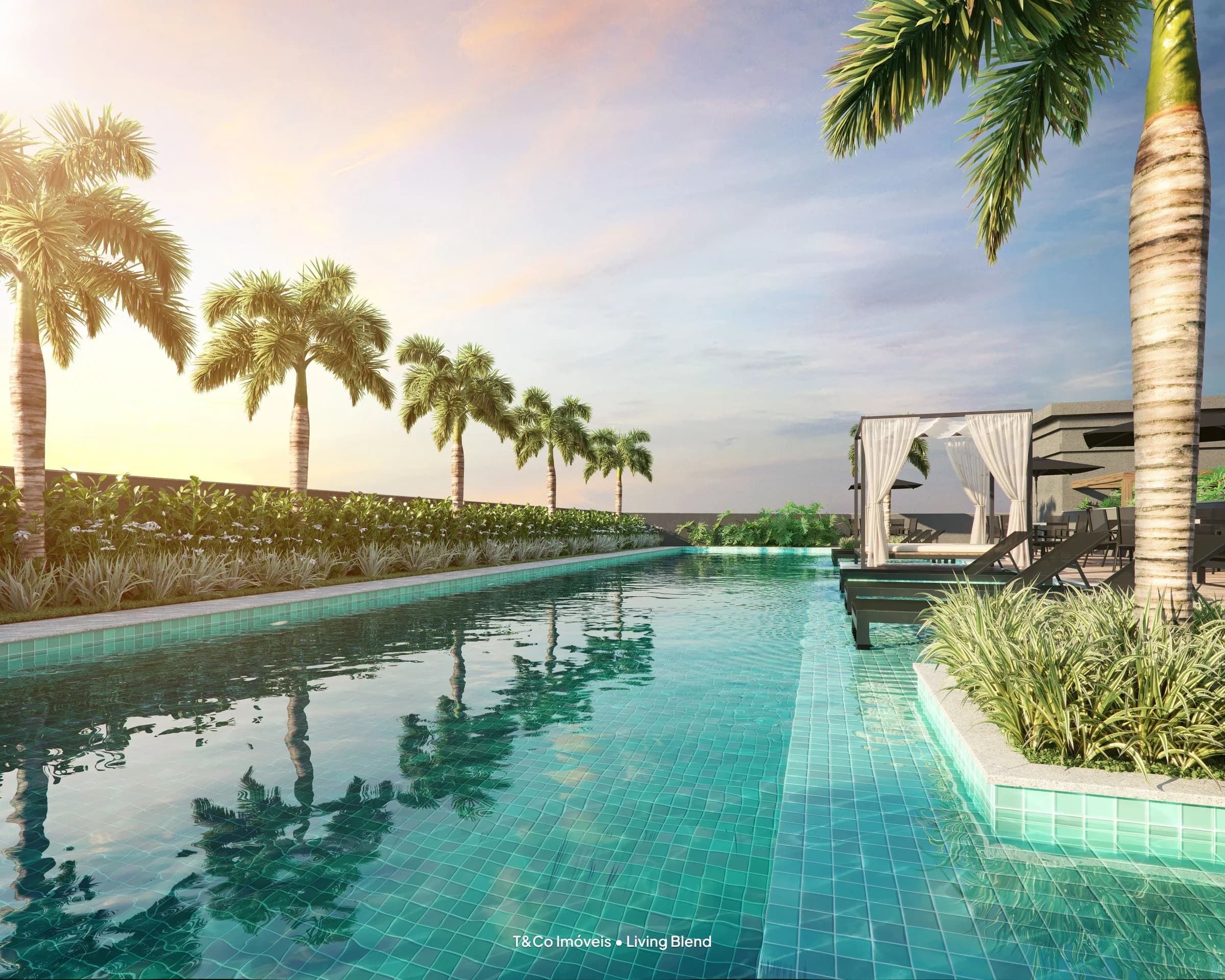 Living Blend em Bonfim, Campinas: Piscina com raia de 20 m e solarium com bangalô (perspectiva)